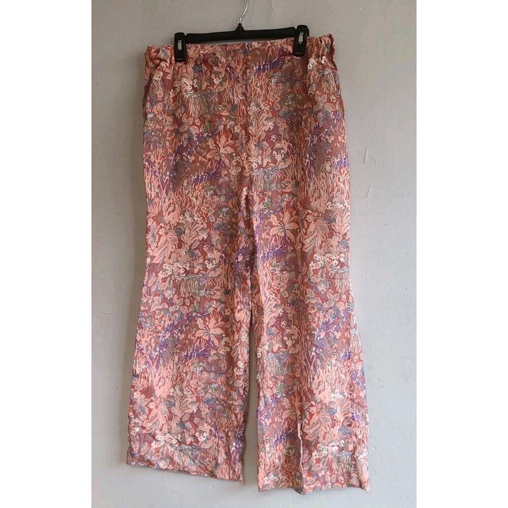 Vintage women's 36" waist XL 1970s pink floral pants wide leg pull-on elastic